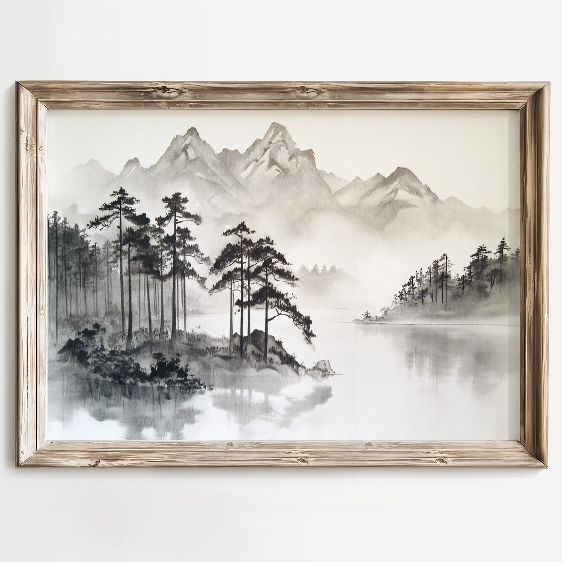Sumi E Mountain Scene Black And White Wall Decor Japanese Ink Wash Landscape Wall Art Zen Nature Print Minimalist Forest Painting