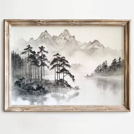 Sumi E Mountain Scene Black And White Wall Decor Japanese Ink Wash Landscape Wall Art Zen Nature Print Minimalist Forest Painting