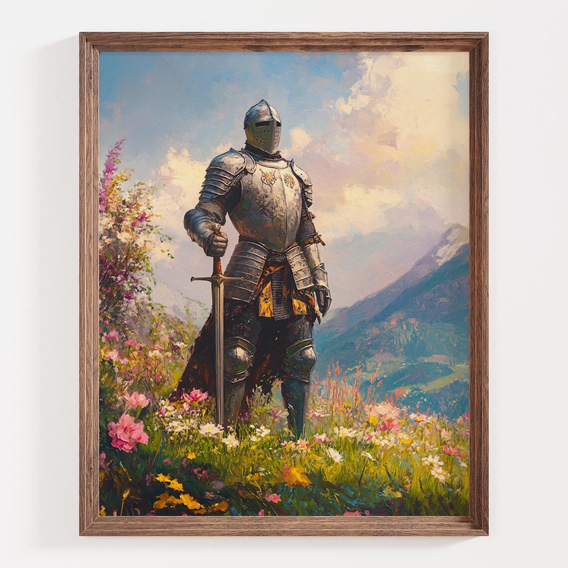 Medieval Knight in Full Armor Standing in a Wildflower Meadow Poster - Image 3