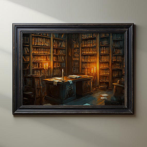 Cozy Candlelit Library Room With an Antique Writing Desk Poster