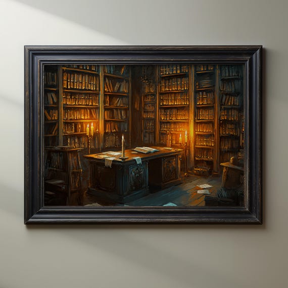 Vintage Library Cozy Bookstore Art Candlelit Reading Room Bookshelf Decor Dark Academia Print Library Lovers Gift Fantasy Room Art