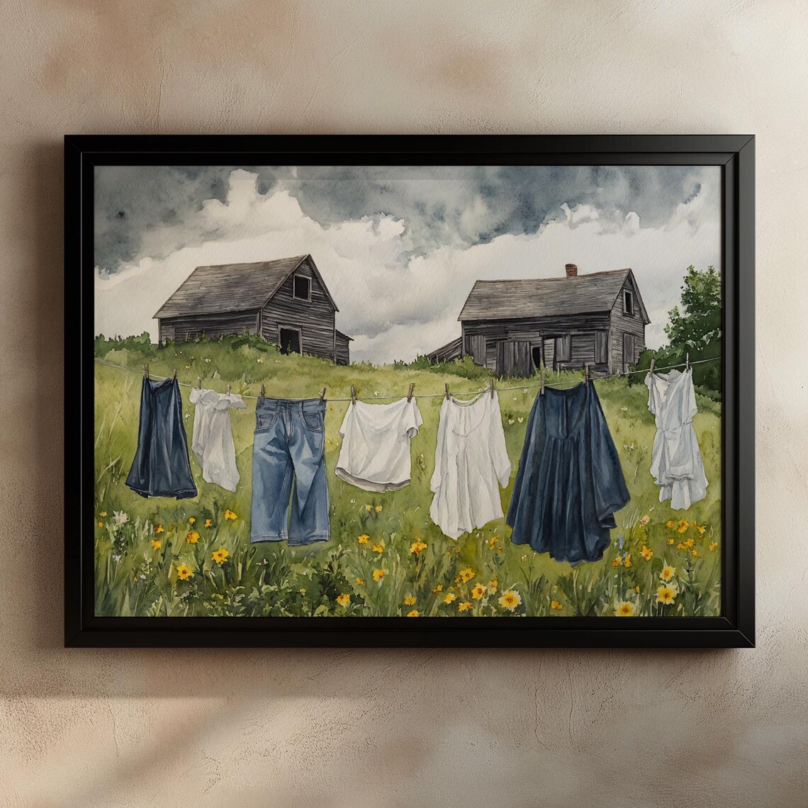 Rustic Farmhouse Watercolor Clothesline Art Print - Image 2