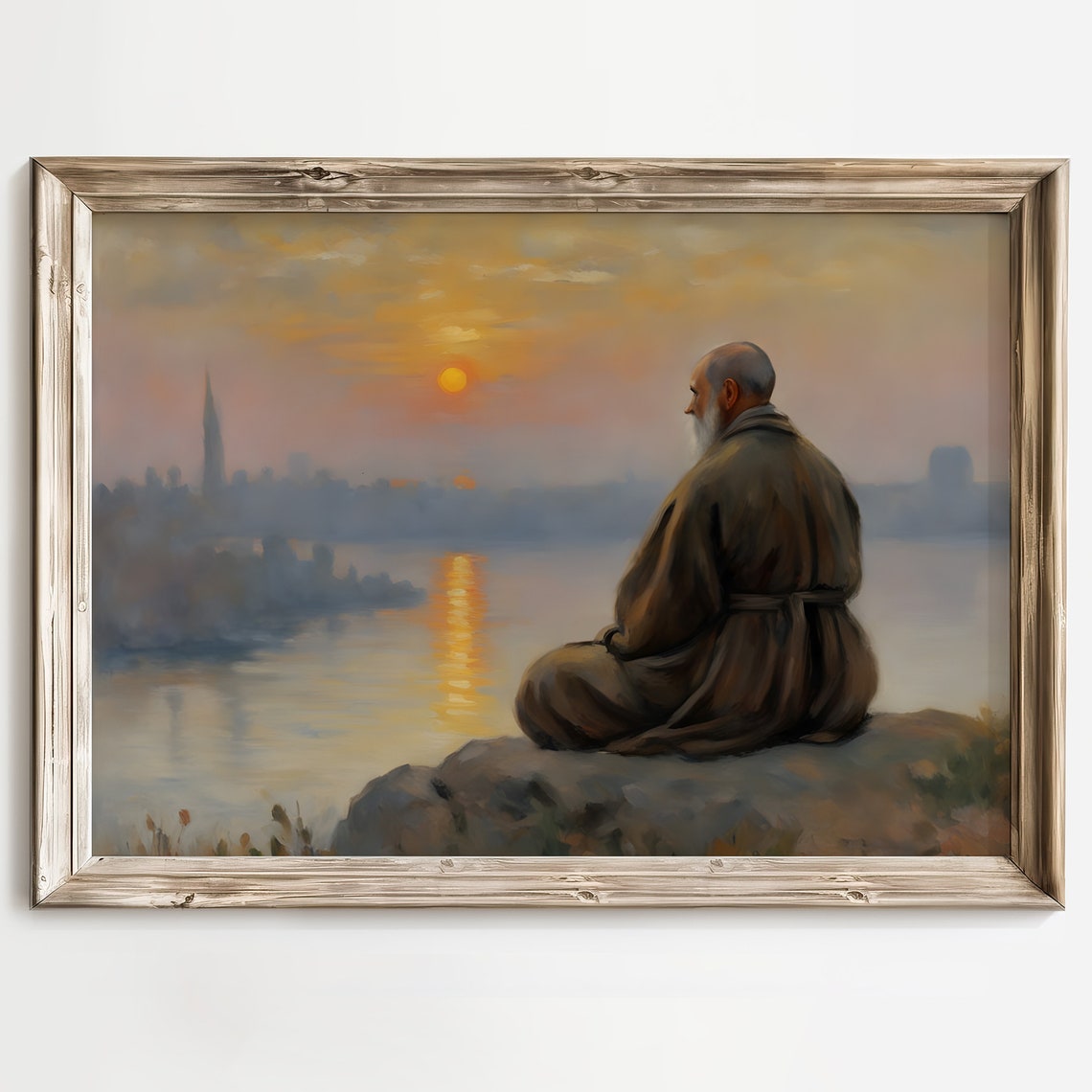 Meditating Monk Watching the Sunset Over a Calm River Poster
