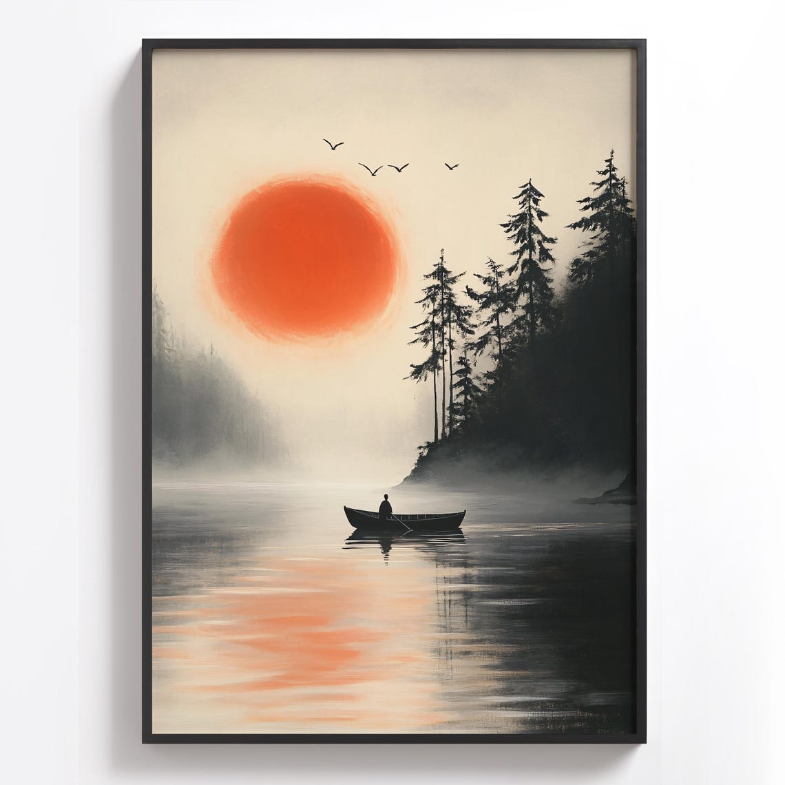 Silhouetted Canoe on a Misty Lake at Sunset Japanese Style Poster - Image 4