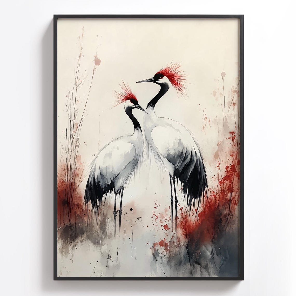 Pair of Red Crowned Cranes Japanese Watercolor Style Art Poster - Image 2