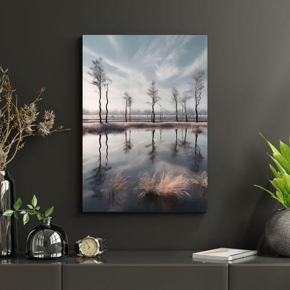Minimalist Reflective Landscape Print Tranquil Nature Wall Art Winter Trees Water Reflection Modern Neutral Decor
