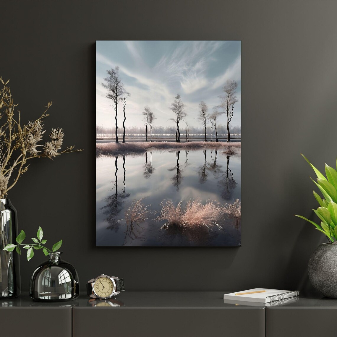 Minimalist Winter Trees With Mirror Water Reflection Art Poster