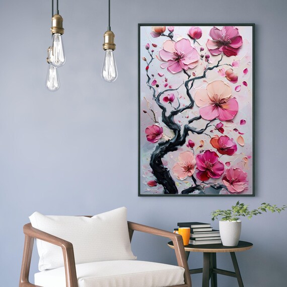 Pink Cherry Blossom Textured Impasto Floral Painting Art Print