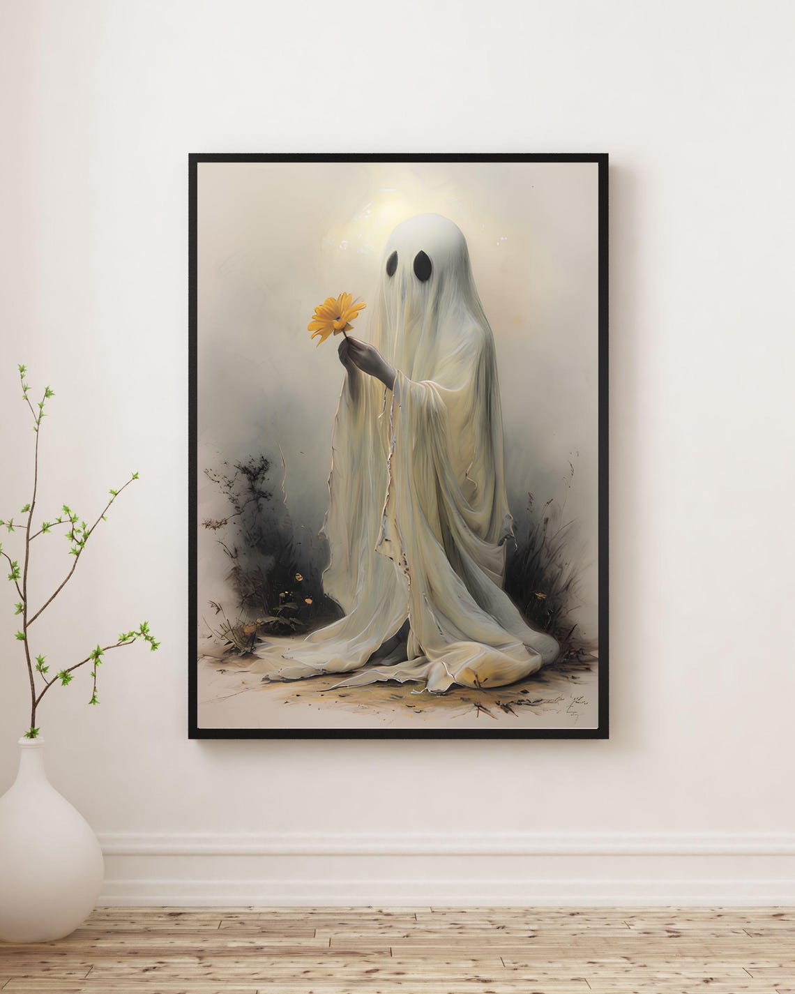Cute Ghost Holding Flower Halloween Whimsical Goth Art Wall Poster