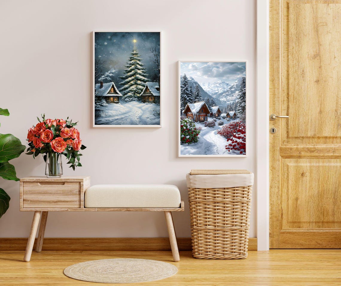 Set of 2 Christmas Cabin Snowy Winter Village Holiday Decor Poster