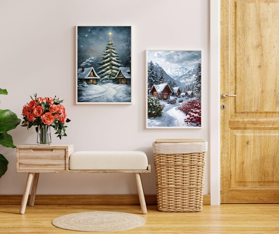 Set of 2 Christmas Cabin Snowy Winter Village Holiday Decor Poster