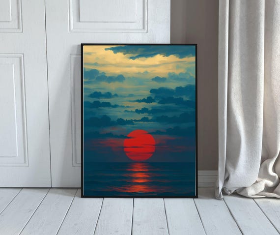 Red Sunset Over Ocean Bold Minimalist Seascape Wall Art Hayalmeyal Workshop