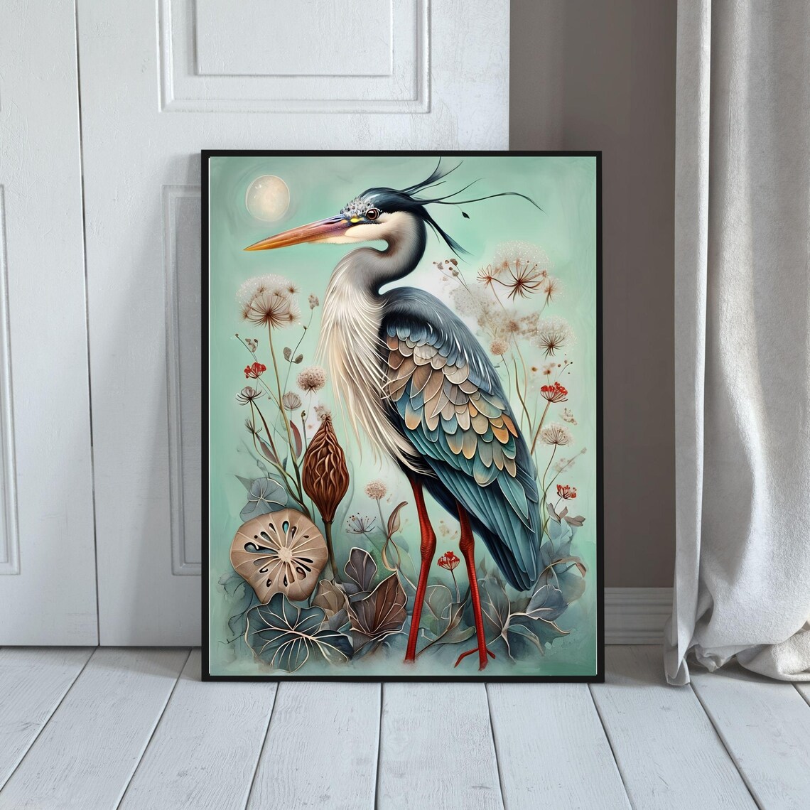 Blue Heron Botanical Print Boho Nature Wall Art