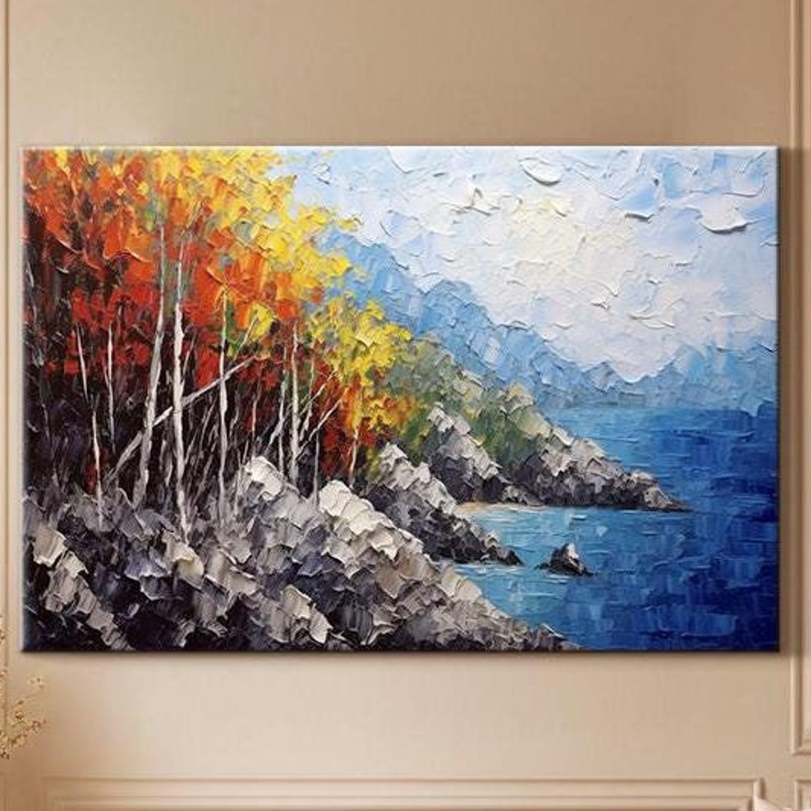 Autumn Birch Forest On Rocky Coastline With Blue Sea Wall Art