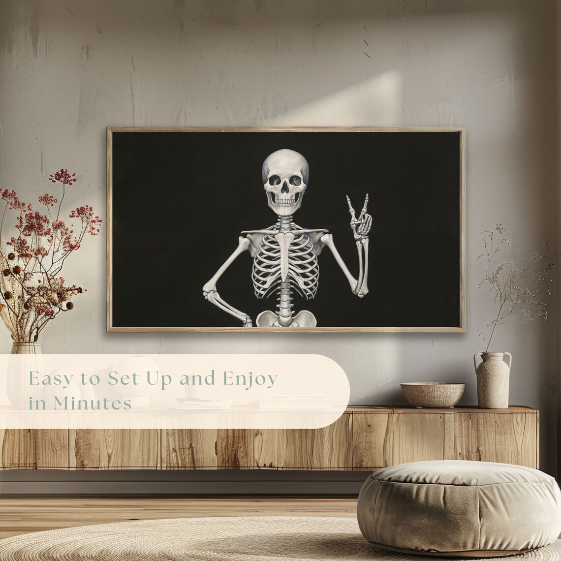 Skeleton Flashing Peace Sign On Black Background Gothic Halloween Poster - Image 5