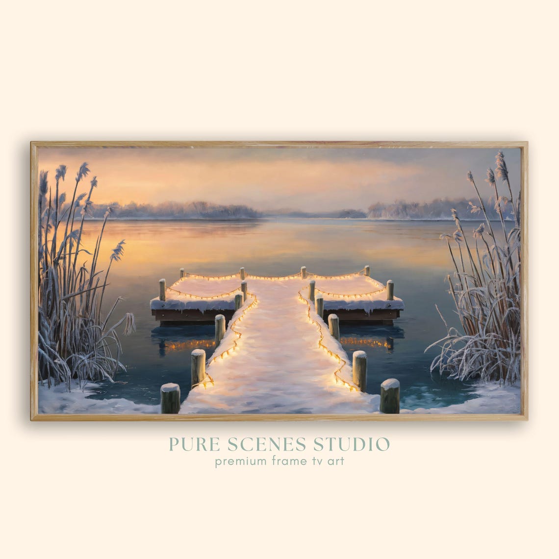 Snow Covered Dock String Lights Dawn Lake Winter Painting Poster