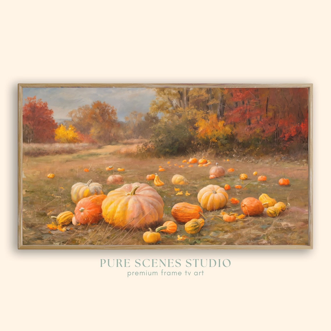Countryside Field Scattered with Pumpkins Gourds Autumn Trees Poster