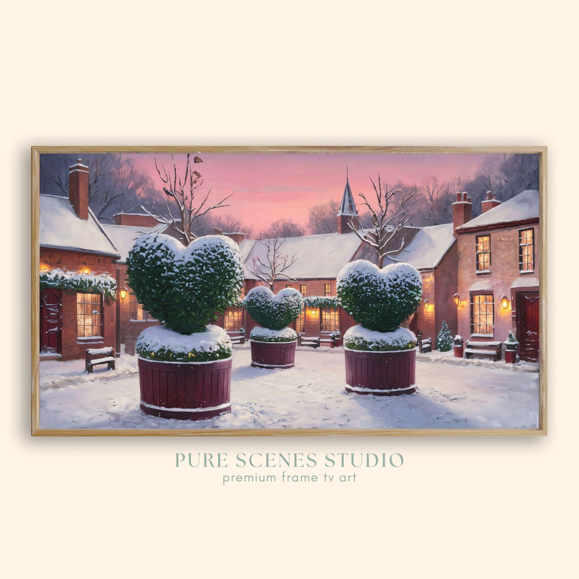 Snowy Village Heart Topiaries Pink Dusk Winter Painting Poster