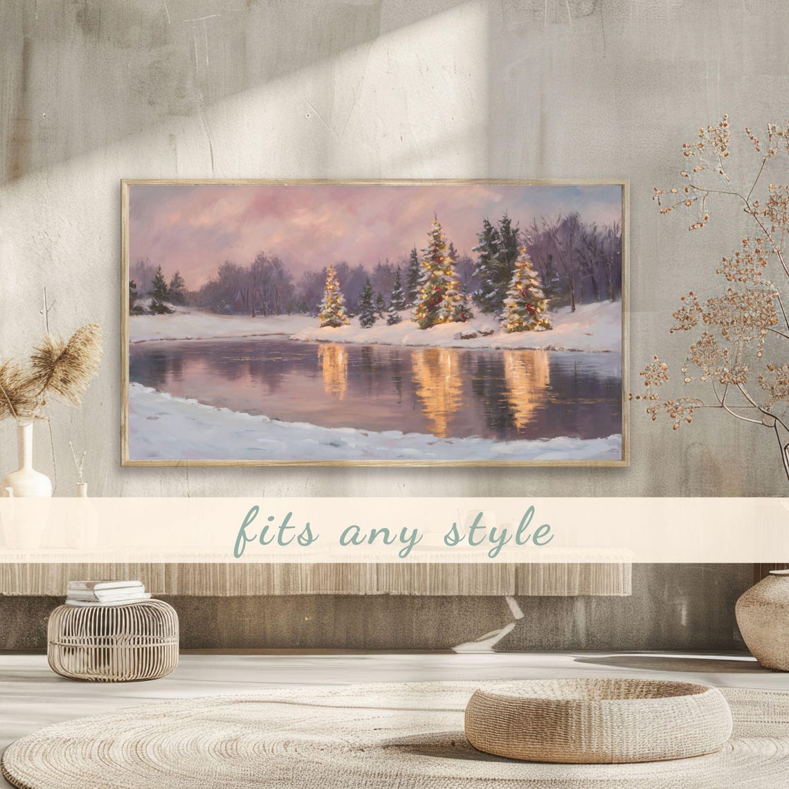 Lit Christmas Trees Reflected In Frozen Lake Pink Dusk Holiday Poster - Image 3