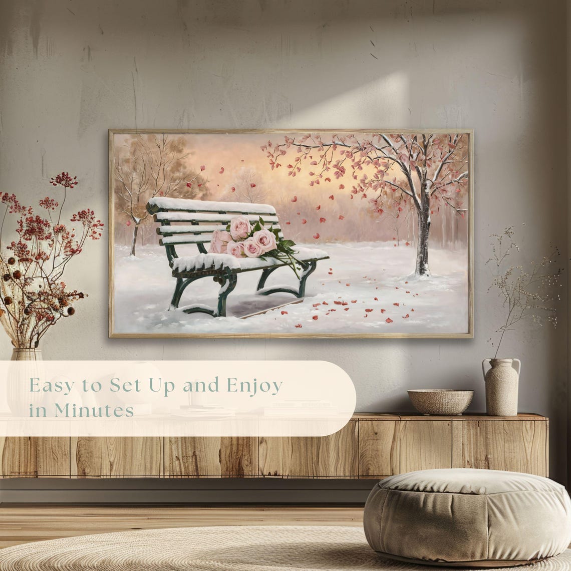 Snowy Park Bench Pink Roses Falling Petals Romantic Painting Poster - Image 5