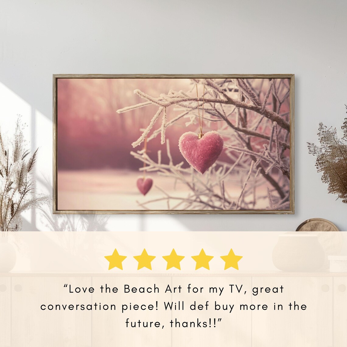 Frosty Pink Heart Ornaments Winter Bokeh Photography Art Poster - Image 2