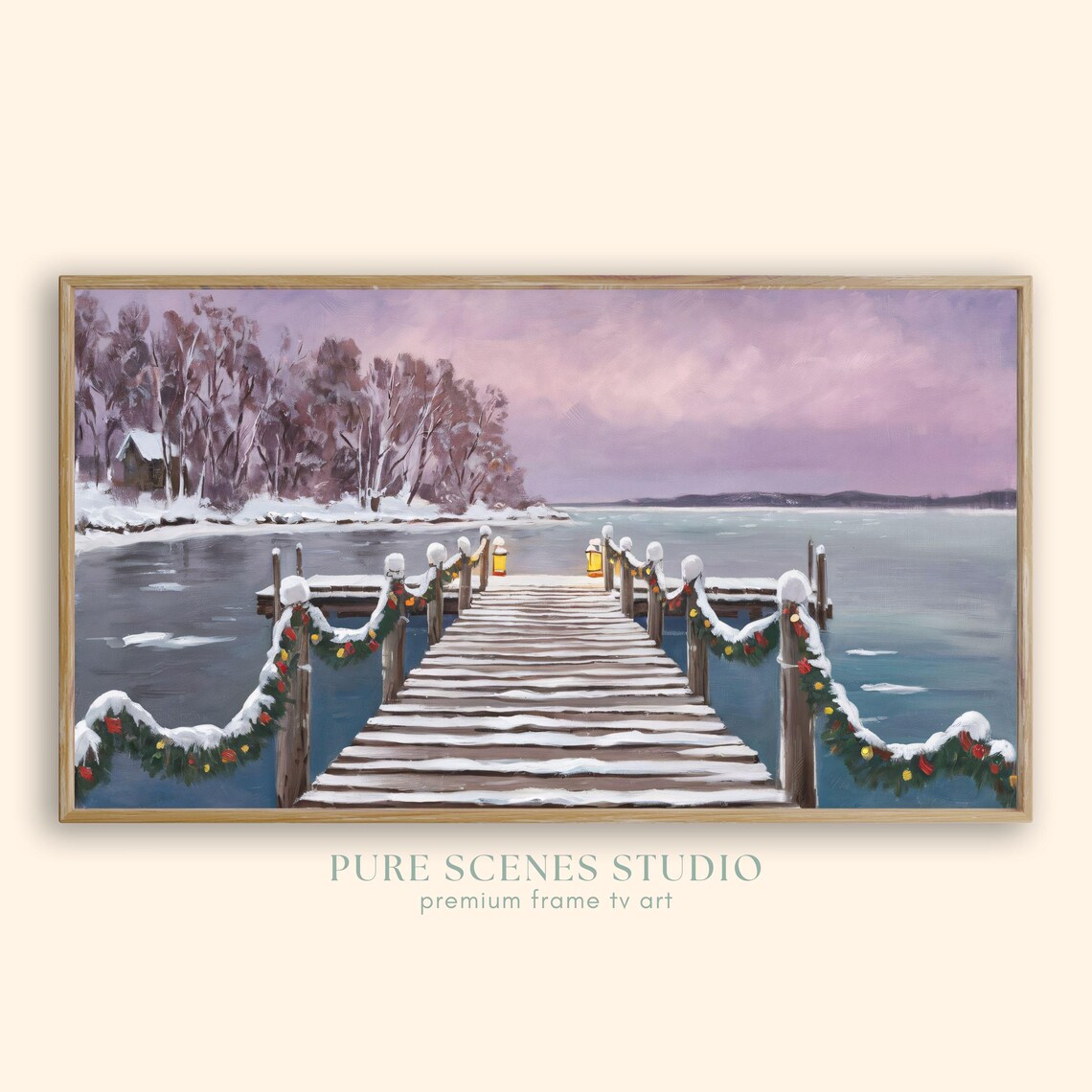 Snowy Lake Pier Christmas Garlands Lanterns Winter Painting Poster