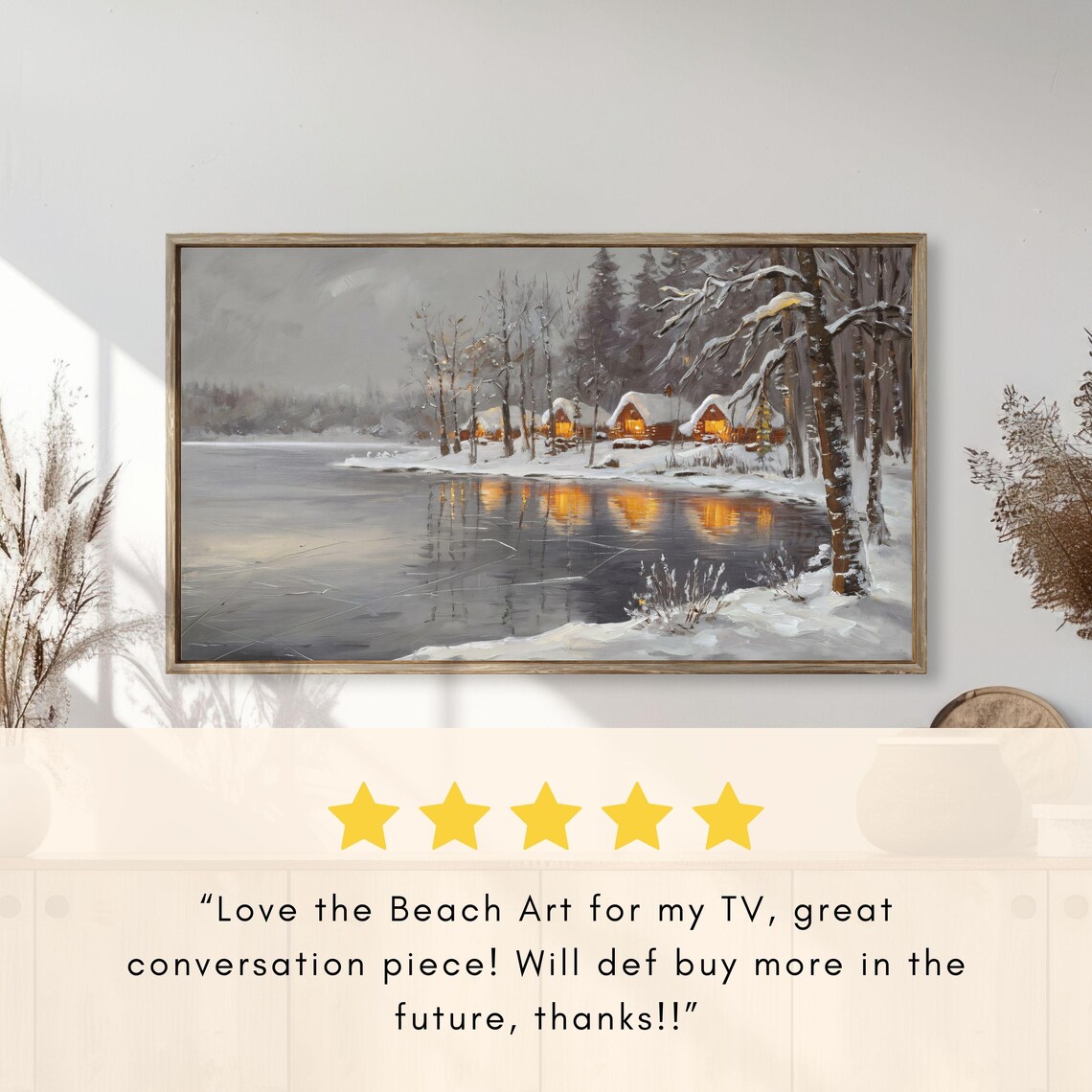 Snowy Lakeside Cabins Golden Lights Cozy Winter Painting Poster - Image 2