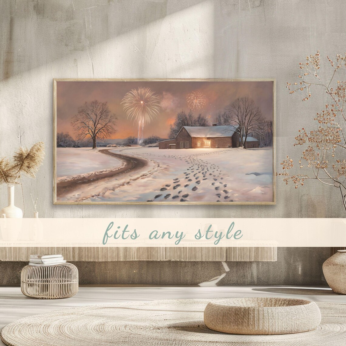 Snowy Farmhouse Fireworks Winter Celebration Painting Poster - Image 3