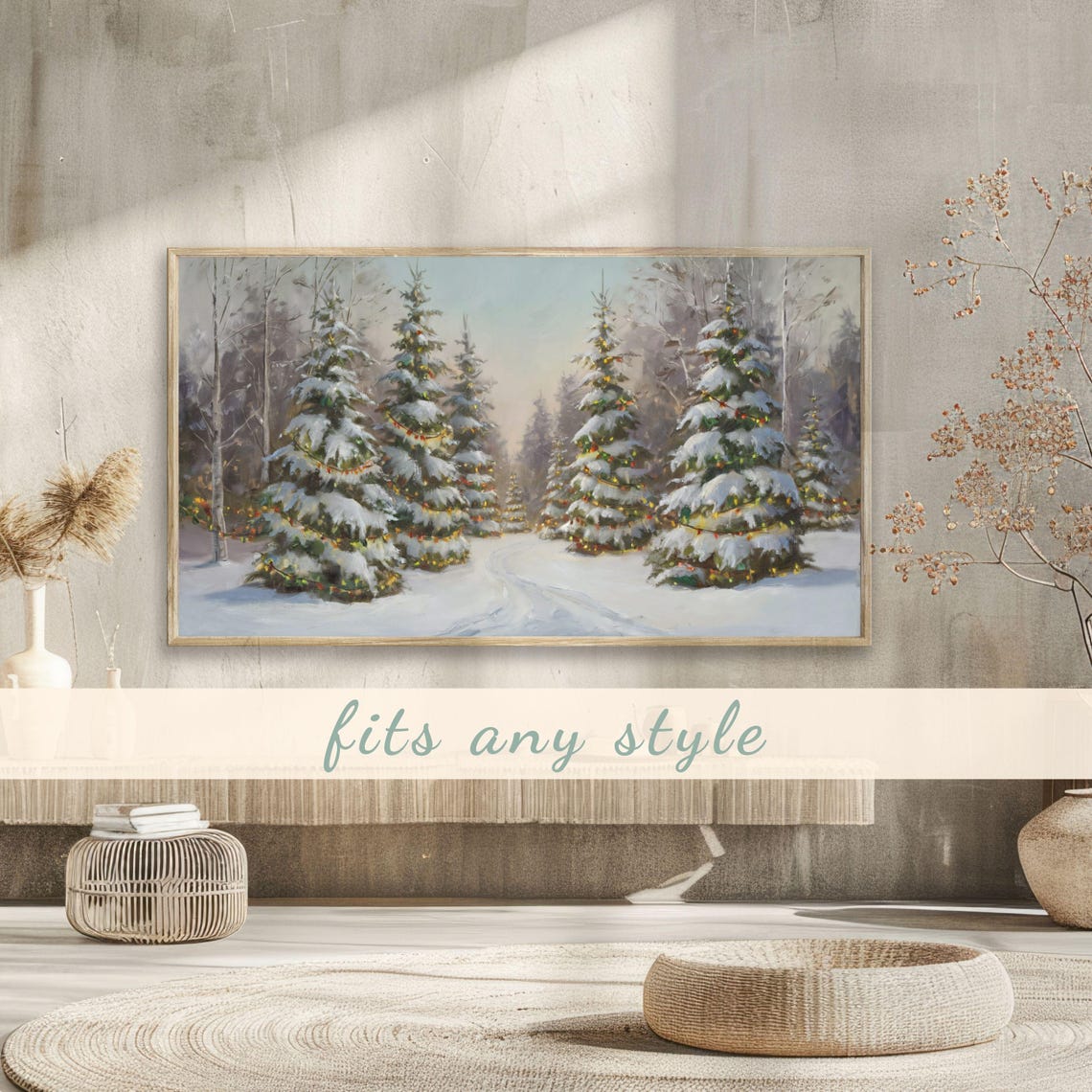 Avenue Of Snow Covered Christmas Trees String Lights Twilight Poster - Image 3