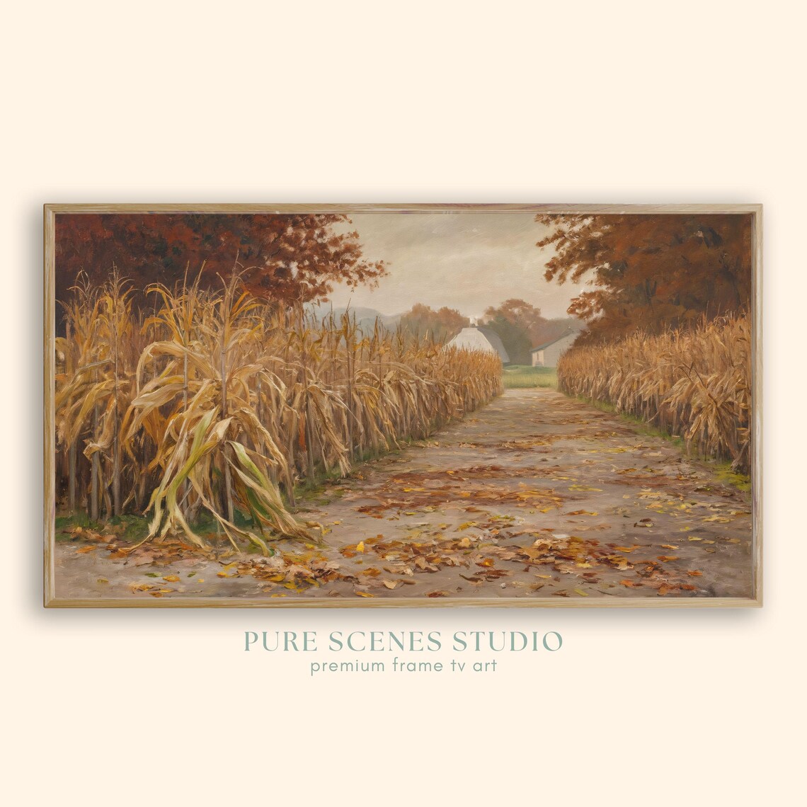 Corn Stalks Lining Rural Path to Farmhouse Autumn Harvest Poster