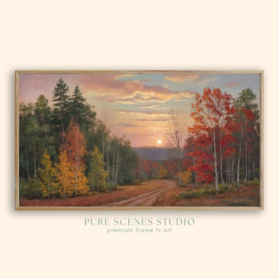 Sunset Glow Over Autumn Forest Clearing Vintage Woodland Poster