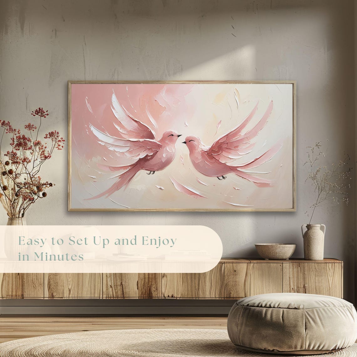 Pink Lovebirds Textured Impasto Blush Romantic Painting Poster - Image 5