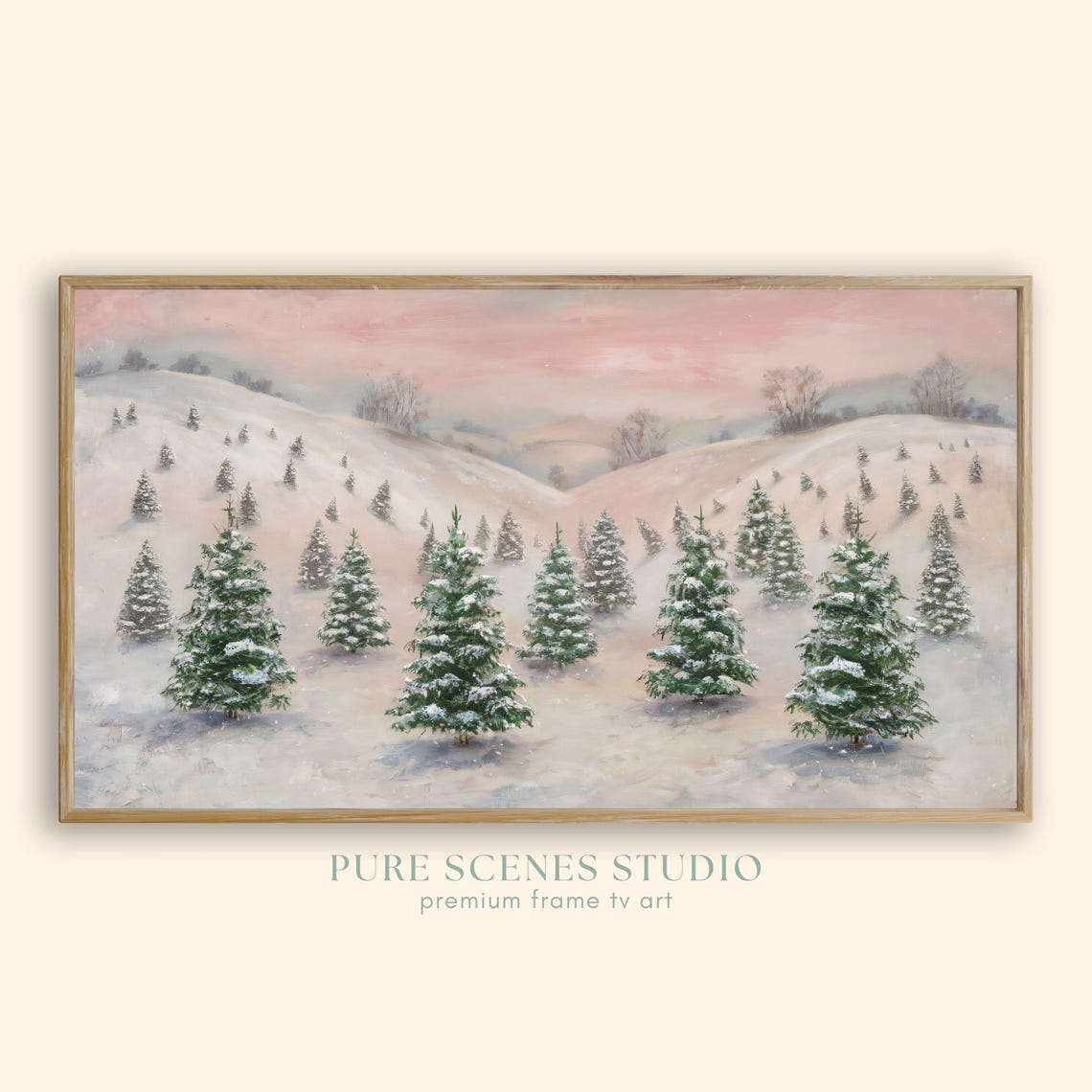 Snowy Hillside with Christmas Trees Pastel Pink Winter Poster
