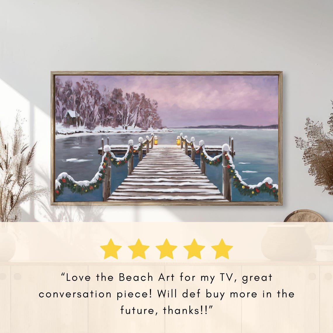 Snowy Lake Pier Christmas Garlands Lanterns Winter Painting Poster - Image 2