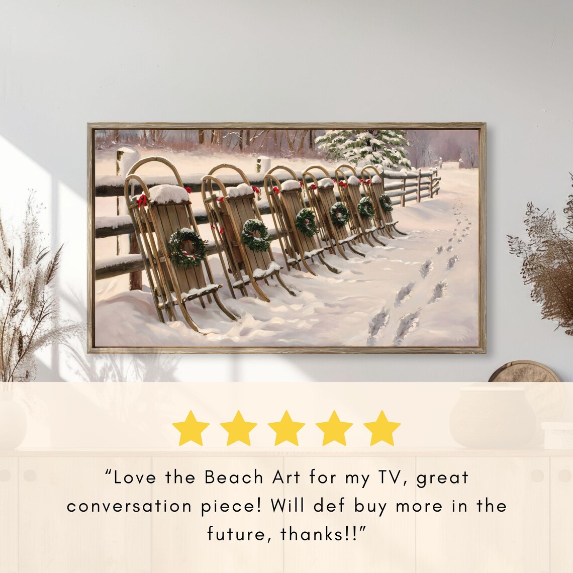 Vintage Wooden Sleds With Christmas Wreaths Snowy Country Field Poster - Image 2