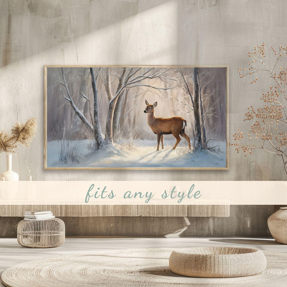 White Tailed Doe Snowy Birch Forest Morning Light Vintage Painting Poster - Image 3