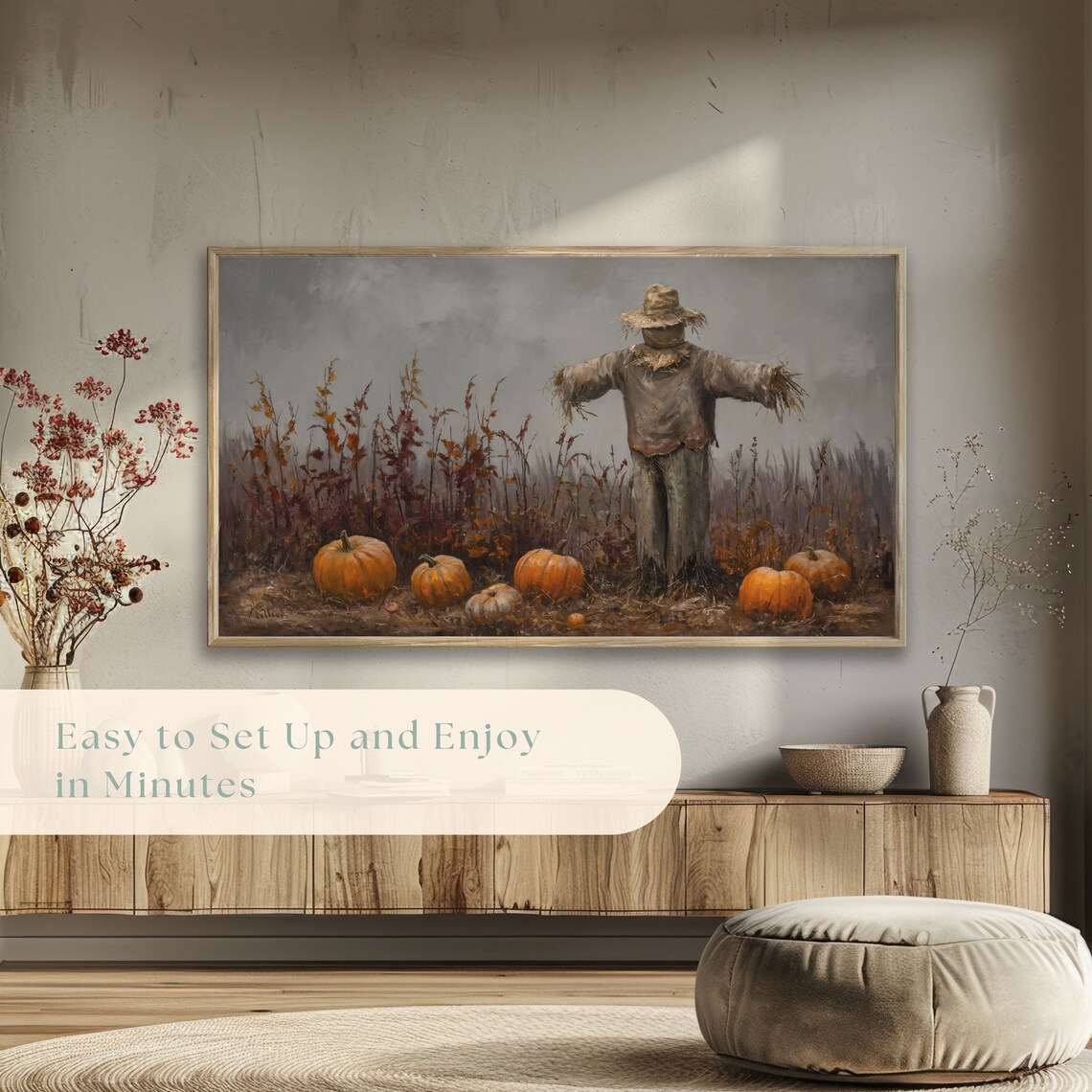 Moody Scarecrow in Autumn Pumpkin Field Under Gray Sky Poster - Image 5