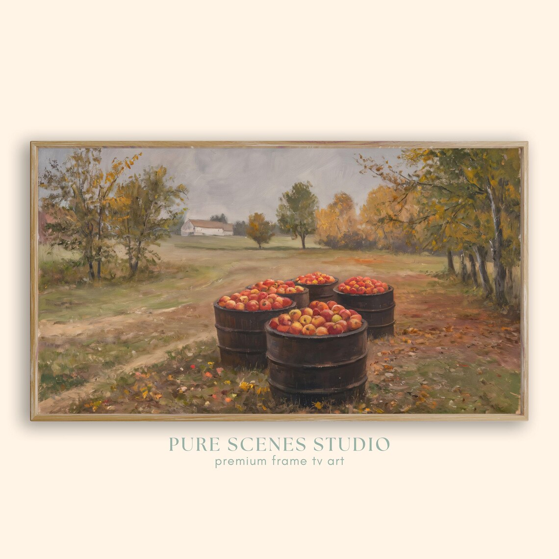 Wooden Barrels of Apples in Autumn Farmyard Vintage Scene Poster