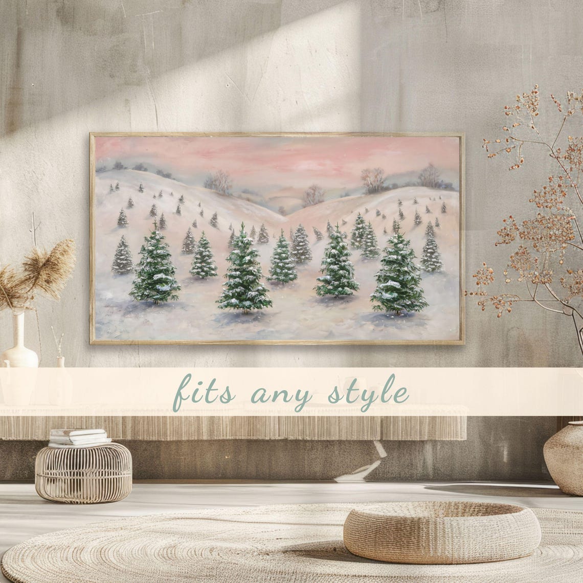 Snowy Hillside with Christmas Trees Pastel Pink Winter Poster - Image 3