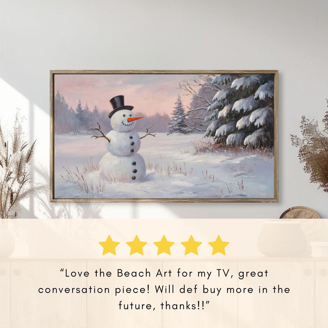Snowman Top Hat Pink Dusk Snowy Winter Forest Painting Poster - Image 2