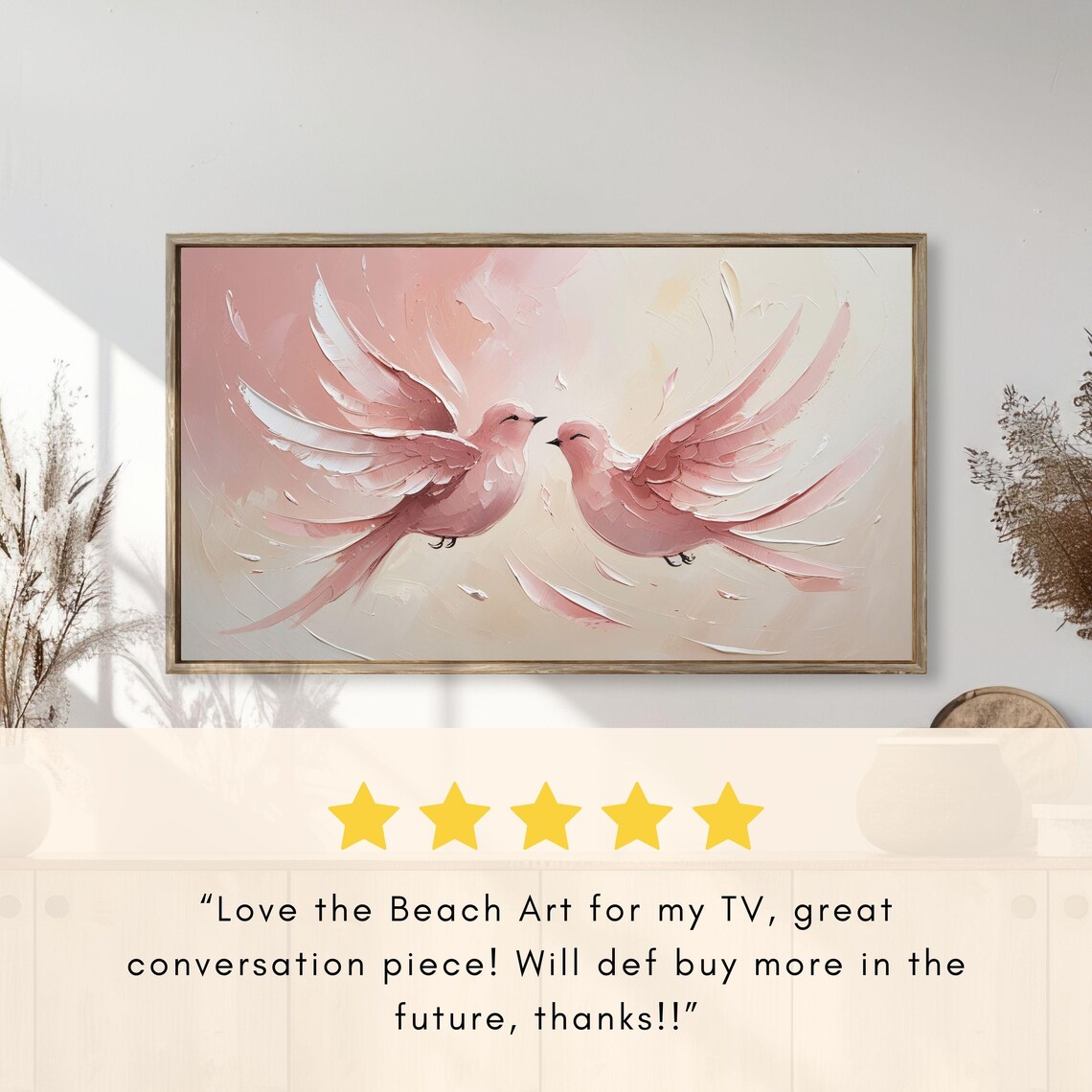 Pink Lovebirds Textured Impasto Blush Romantic Painting Poster - Image 2
