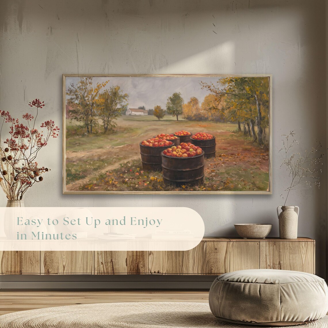 Wooden Barrels of Apples in Autumn Farmyard Vintage Scene Poster - Image 5