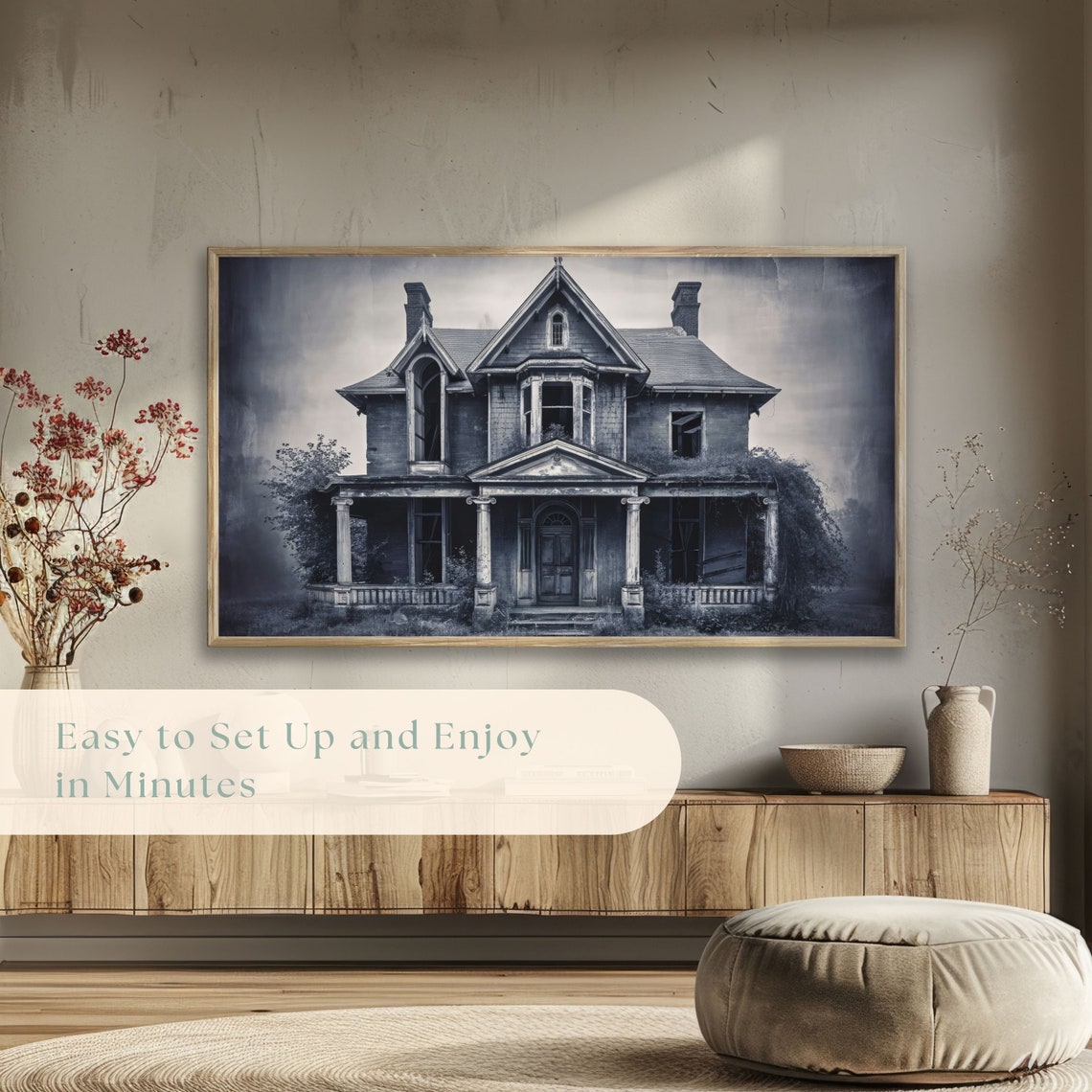 Abandoned Victorian House Spooky Grayscale Haunted Night Poster - Image 5