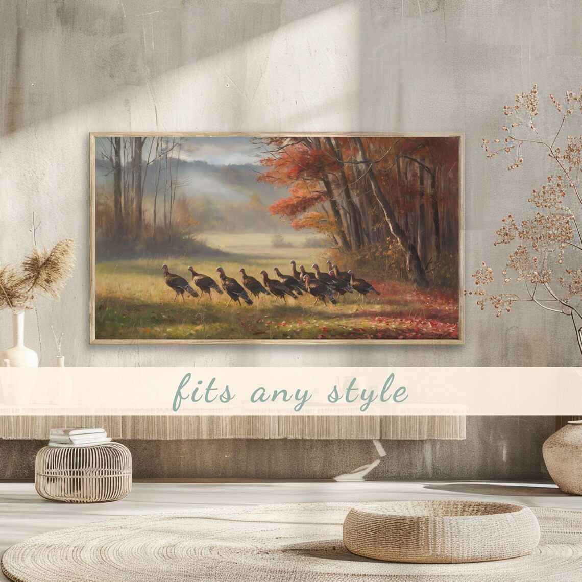 Wild Turkey Flock Autumn Meadow Fall Foliage Painting Poster - Image 3