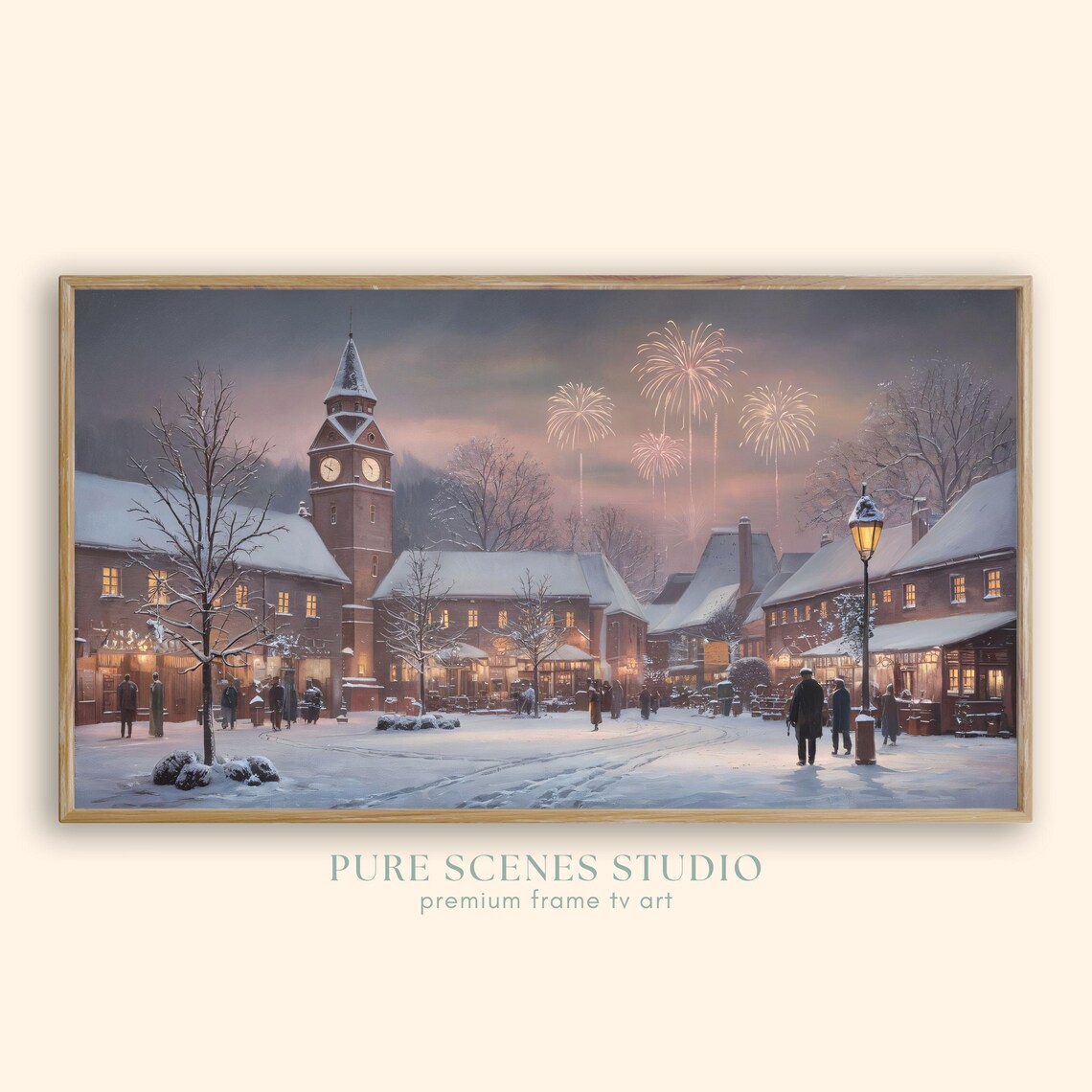 Snowy Village Square Clock Tower Fireworks Night Painting Poster