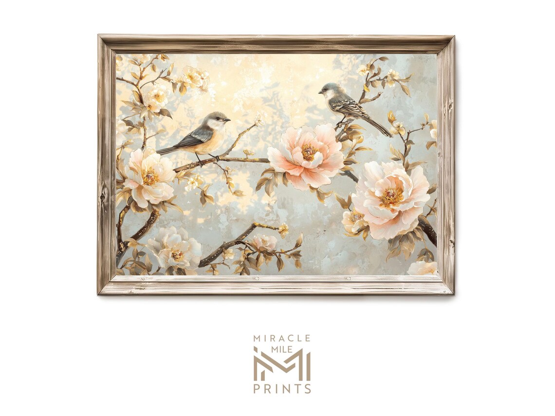 Chinoiserie Songbirds Pink Peony Branch Blossom Floral Wall Art