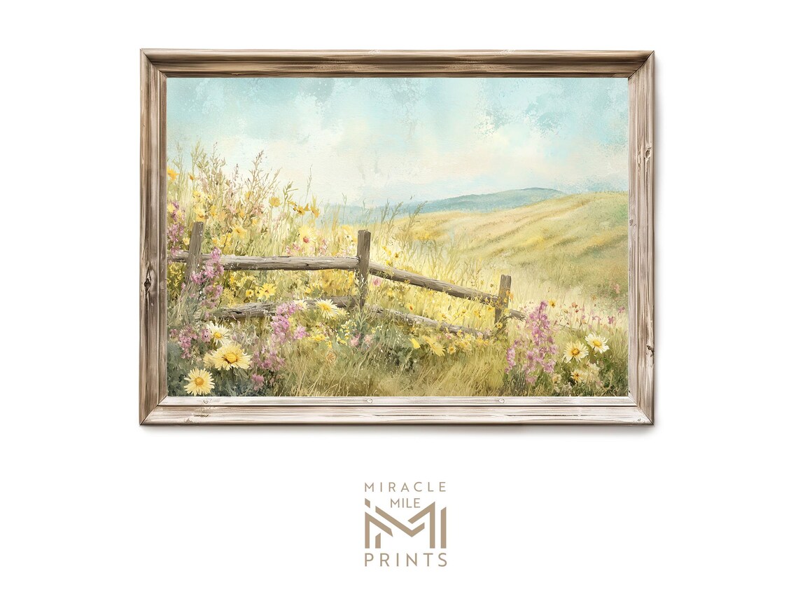 Vintage Spring Meadow Art Print, Antique Oil Painting