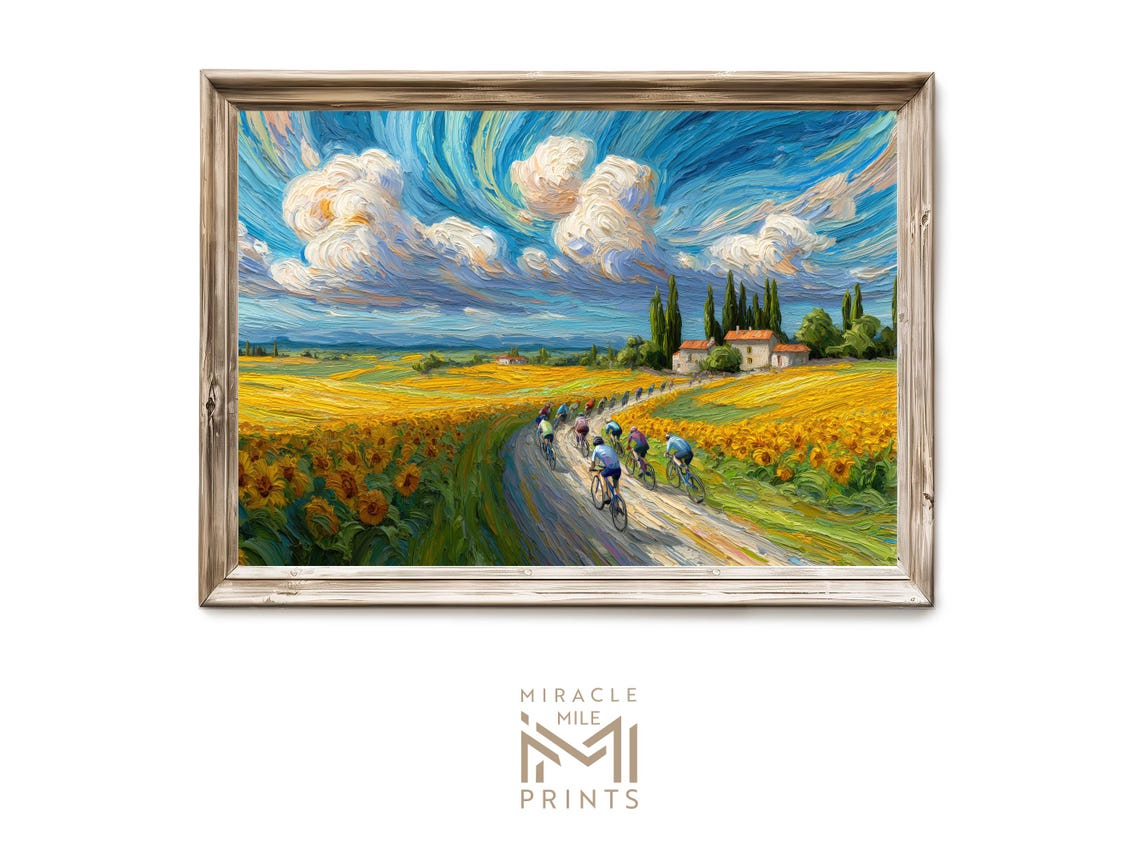 Cyclists Sunflower Field Farmhouse Van Gogh Style Art Poster