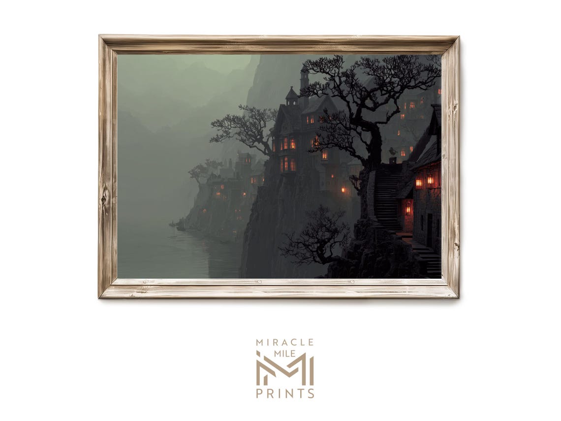 Halloween Haunted Village On Cliff Gothic Spooky Landscape Art Dark Academia Wall Vintage Decor 389