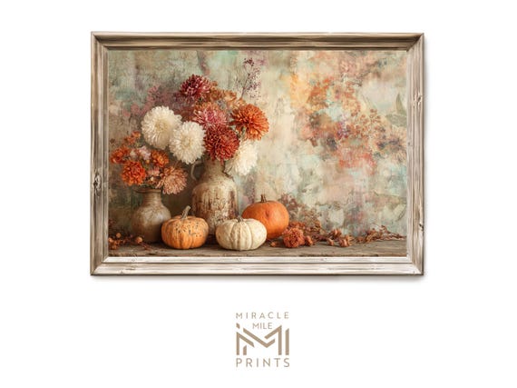 Fall Chrysanthemum Wall Art Rustic Autumn Pumpkin Still Life Moody Harvest Decor Vintage Farmhouse Artful Print H 515